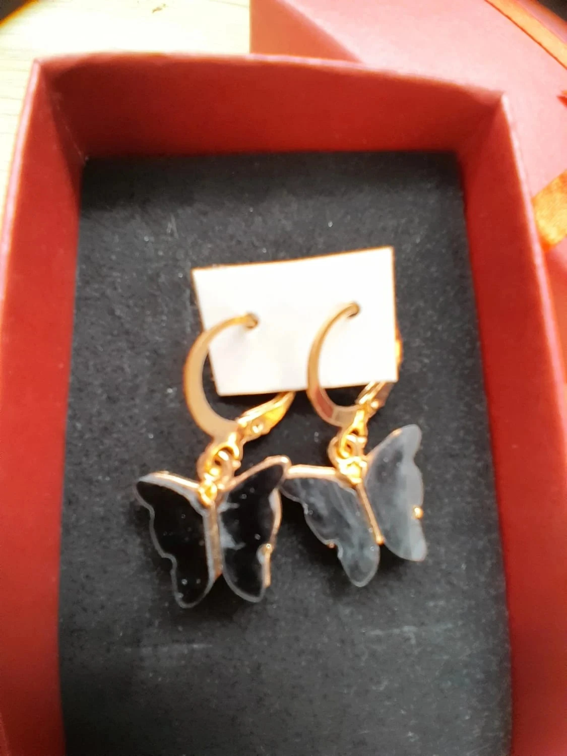 Boucles d'oreilles, papillons émaillées, couleurs noir,  dorées – photo 2